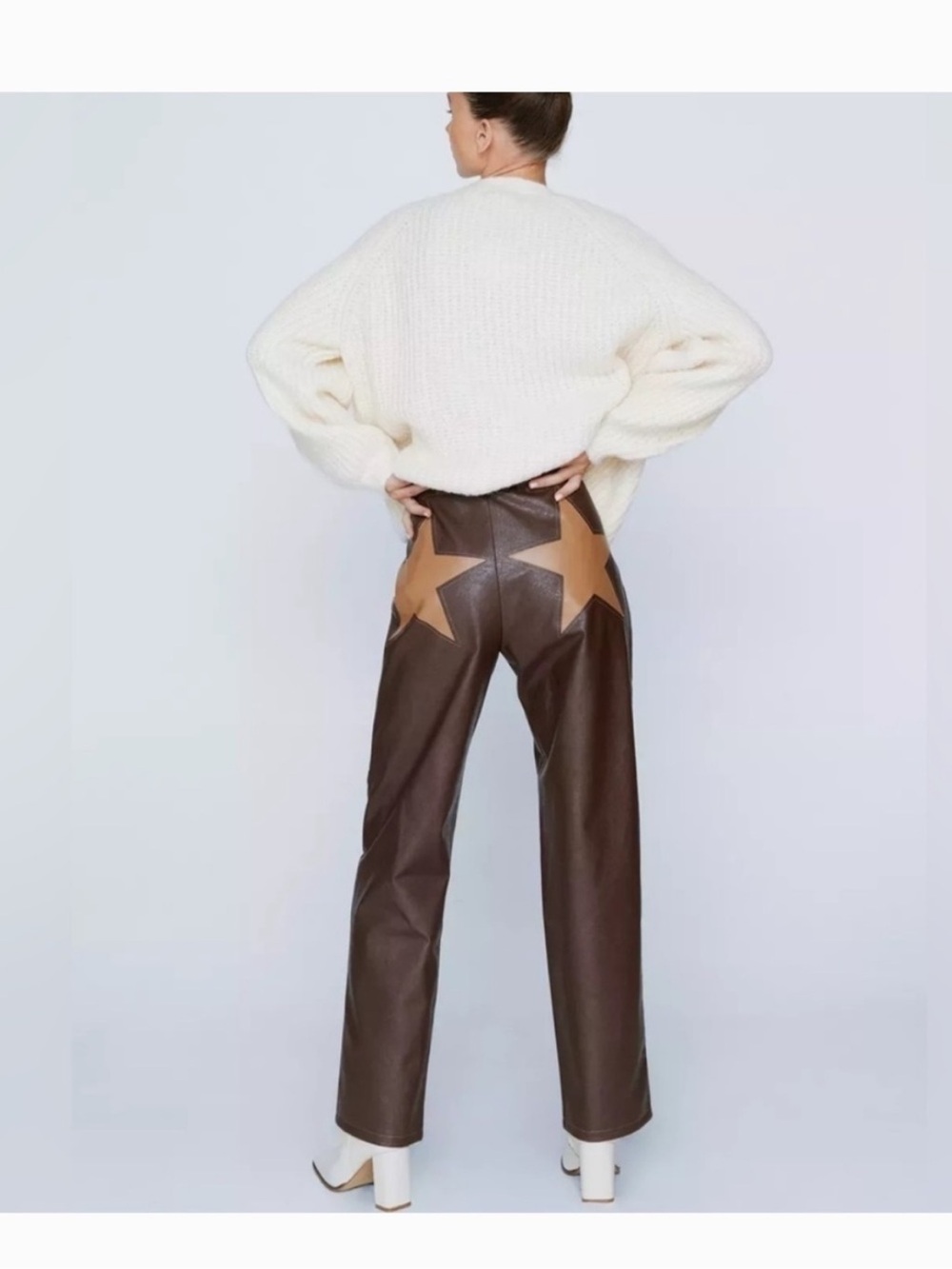 Nasty Gal Brown Star Faux Leather Straight Leg Pants Western Size 10 NWT